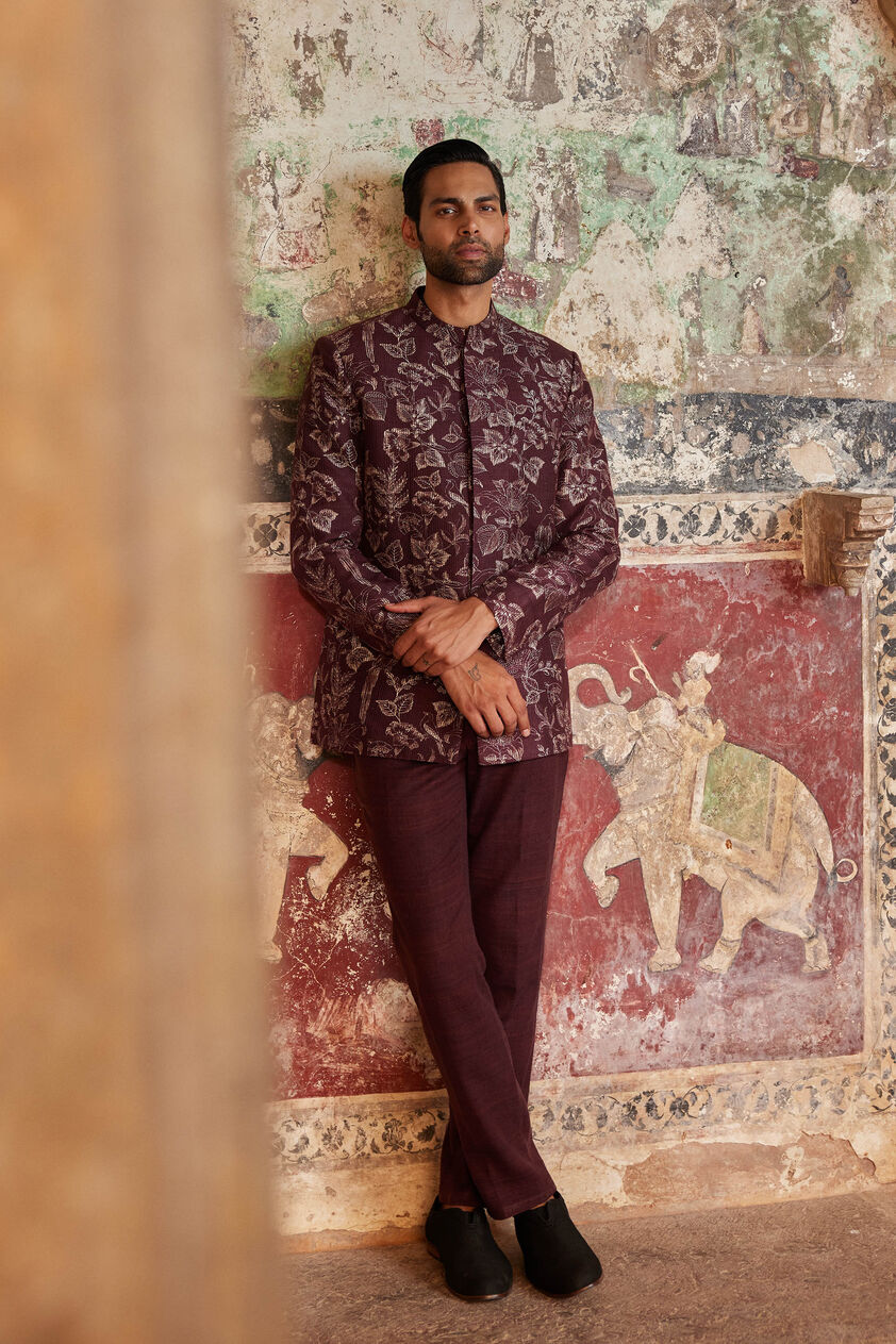 Nilav Printed Silk Bandhgala - Maroon, Maroon, image 1