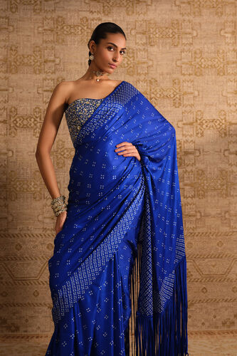 Tarangita Handcrafted Bandhani Fringe Silk Pre-draped Saree - Blue, Blue, image 4