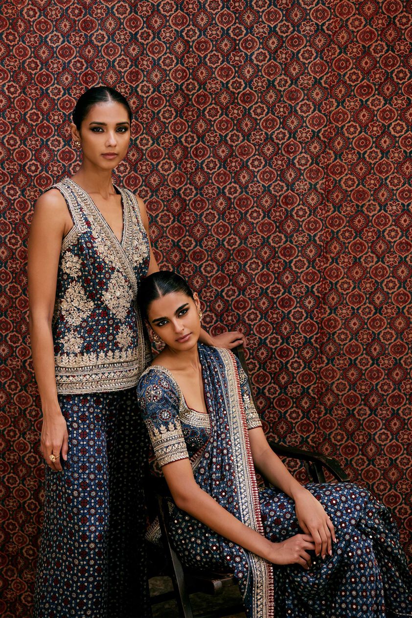 Akari Ajrakh Hand-block Printed Silk Saree - Blue, Blue, image 6