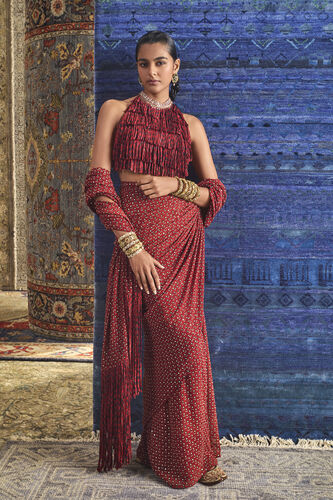 Anuka Ajrakh Hand-block Printed Fringe Pre-draped Saree - Red, Red, image 1