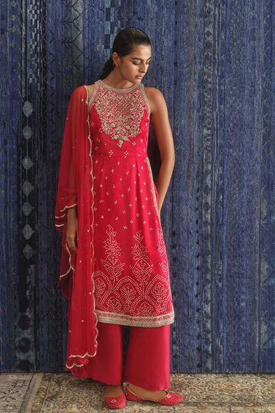 Lohini Handcrafted Bandhani Silk Suit Set - Red