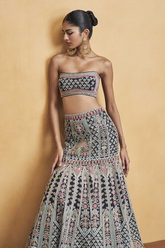 Nocturnal Melody Silk Zari Skirt Set - Blue, Blue, image 6