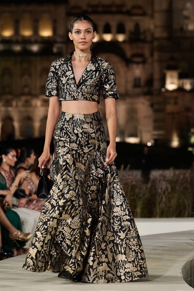 Masara Handwoven Benarasi Silk Skirt Set - Gold