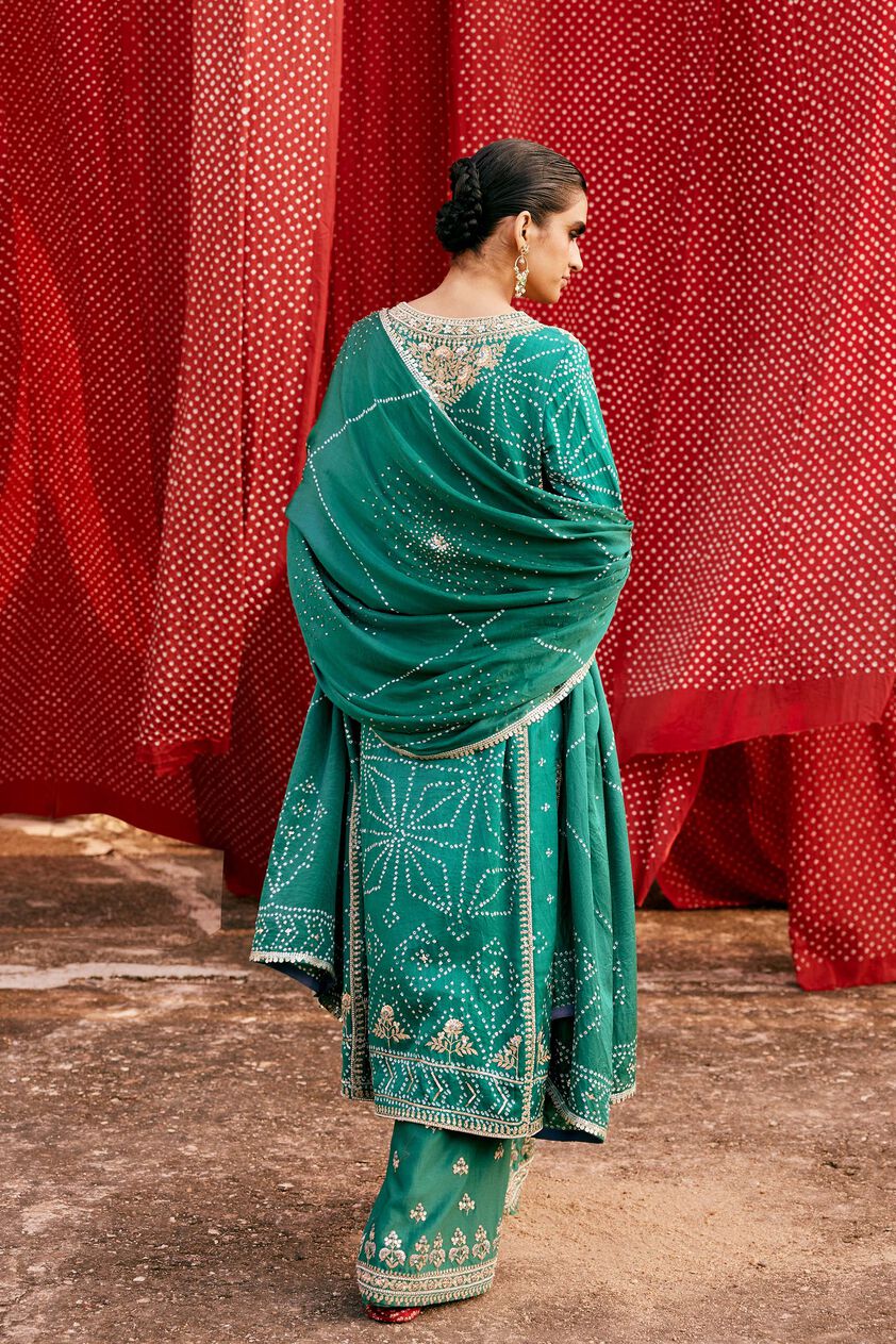 Piroska Handcrafted Bandhani Silk Suit Set - Green, Green, image 2