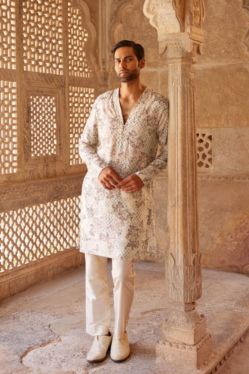 Rukham Printed Silk Kurta - Ivory, Ivory, image 1
