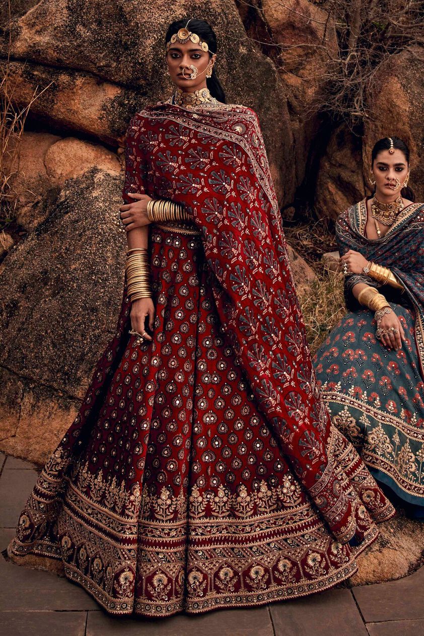 4 - Laukya Ajarakh Lehenga Set- Red, image 4
