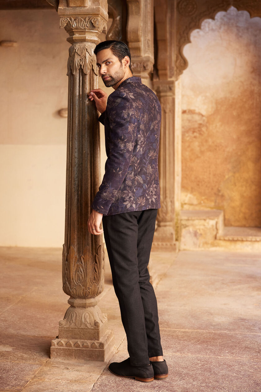 Rahin Printed Silk Bandhgala - Navy, Navy, image 2