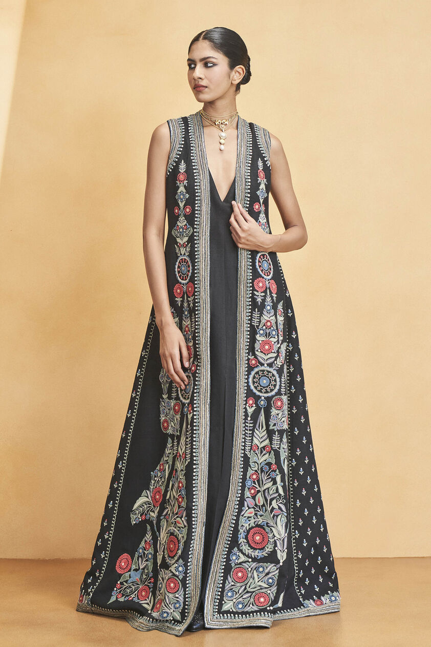 Symphony Of Flowers Embroidered Zardozi Silk Jacket Set - Black, Black, image 1
