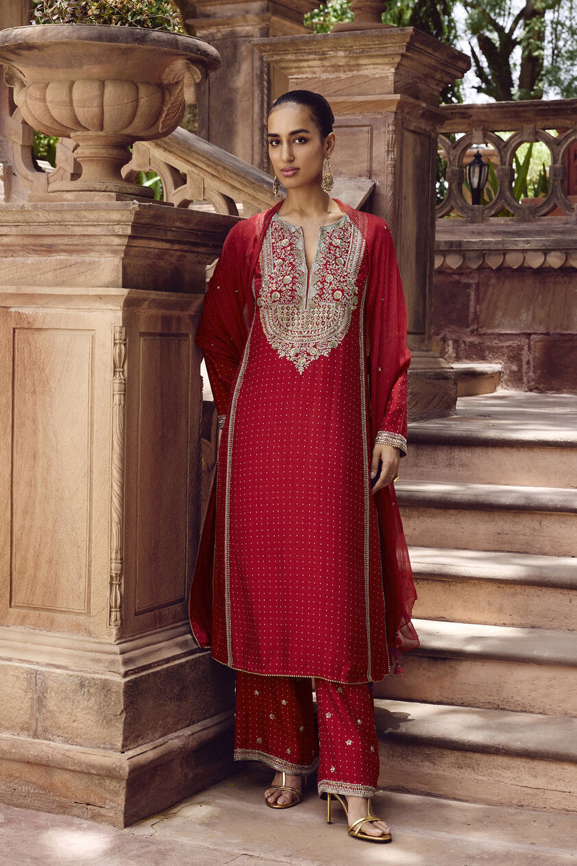 Sindhura Embroidered Silk Suit Set - Red, Red, image 1