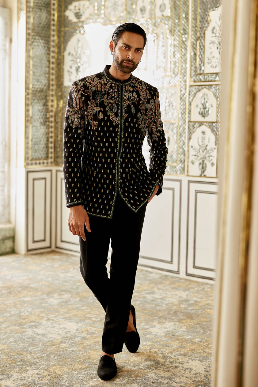 Amdur Silk Bandhgala - Black, Black, image 1