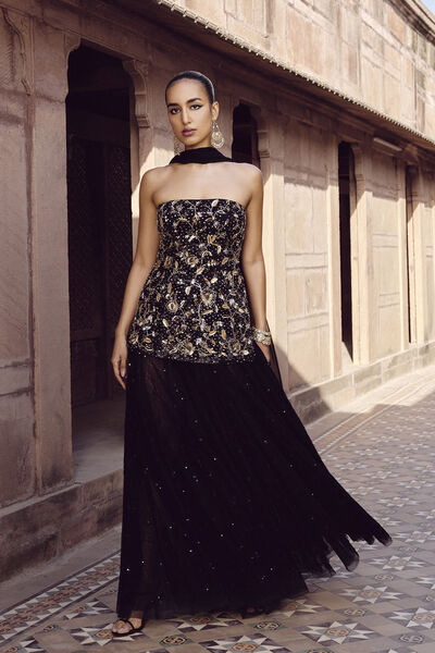 Adrima Embroidered Skirt Set - Black