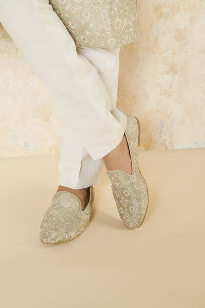 Hamed Embroidered Silk Shoes - Sage