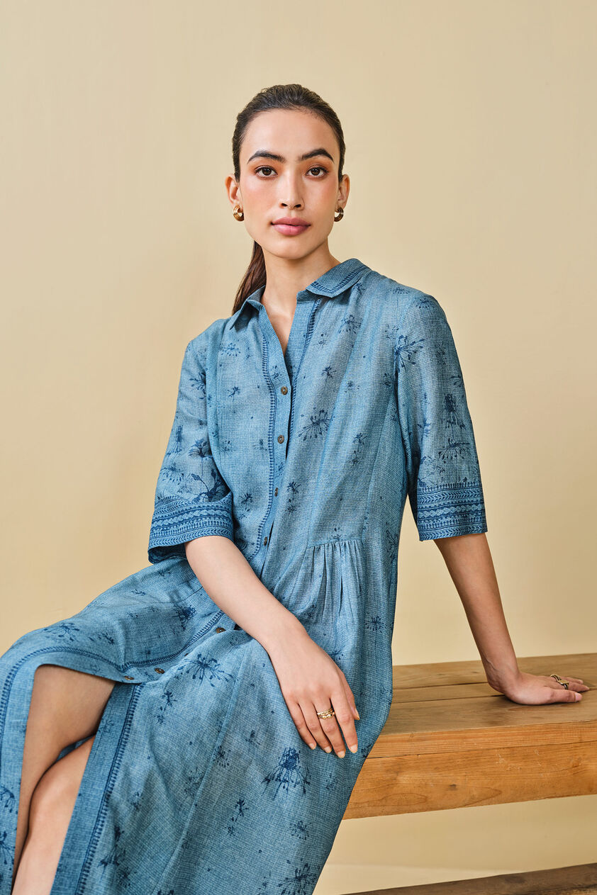 Pond Printed Linen Dress - Blue, Blue, image 11