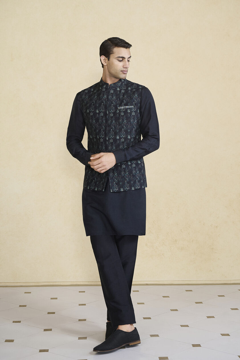 Edhas Embroidered & Printed Silk Nehru Jacket - Black, Black, image 1
