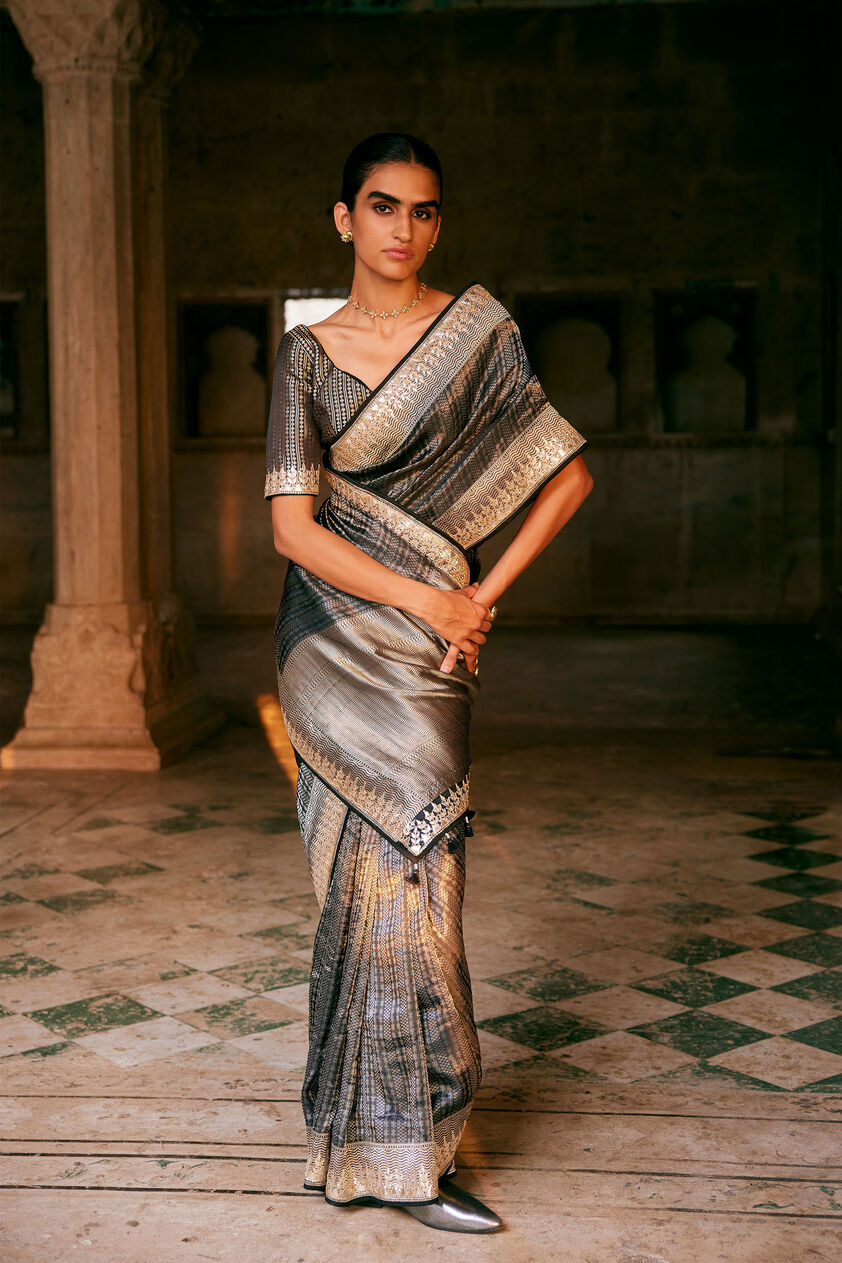 Avabha Handwoven Benarasi Silk Saree - Grey, Grey, image 1