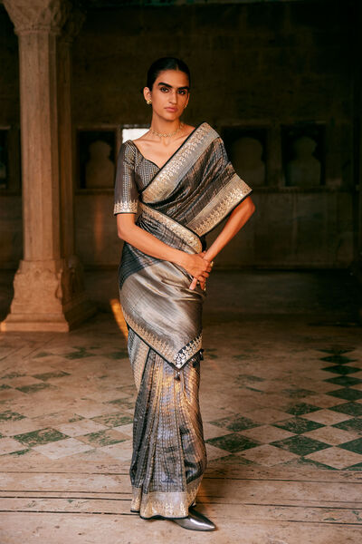 Avabha Handwoven Benarasi Silk Saree - Grey