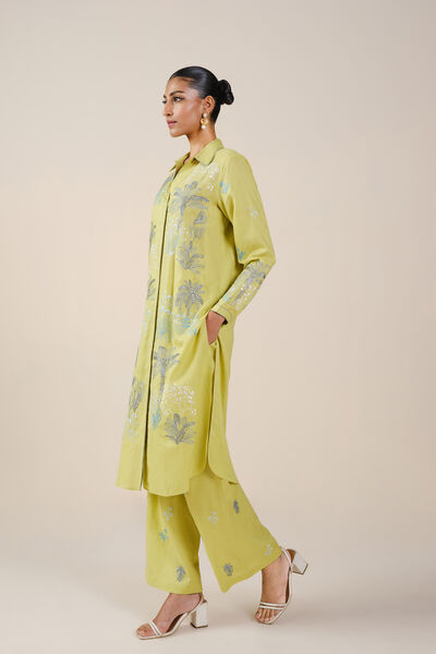 Pelagia Embroidered Linen Kurta Set - Lime