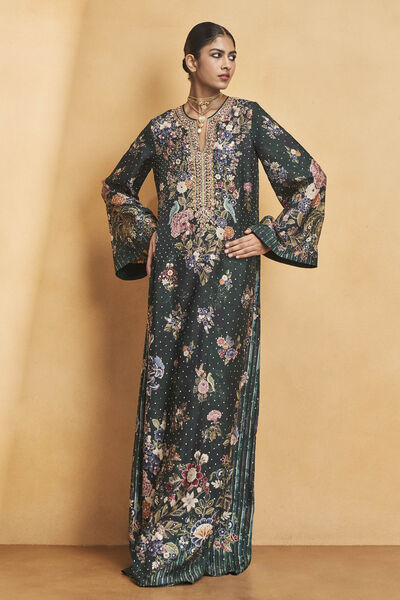 Life Of The Nightforest Embroidered Zardozi Kaftan - Green
