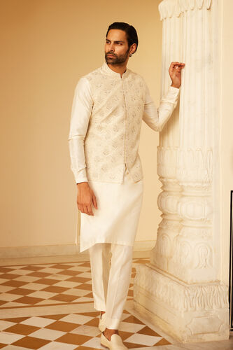 Surjit Embroidered Silk Nehru Jacket - Ivory, Ivory, image 1