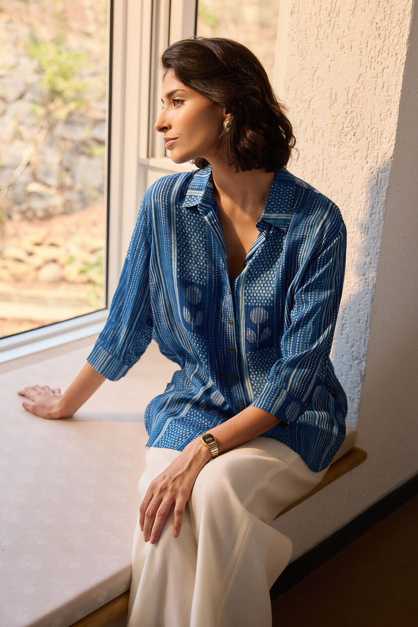 Laguna Hand-block Printed Mul Shirt - Indigo, Indigo, image 2