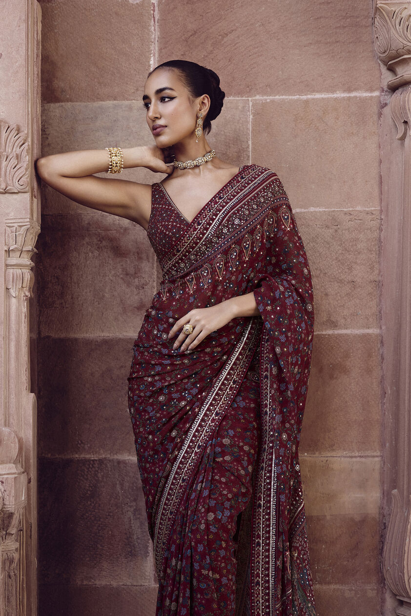 Amalaka Sequin Georgette Saree - Deep Red, Red, image 3