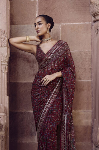 Amalaka Sequin Georgette Saree - Deep Red, Red, image 3
