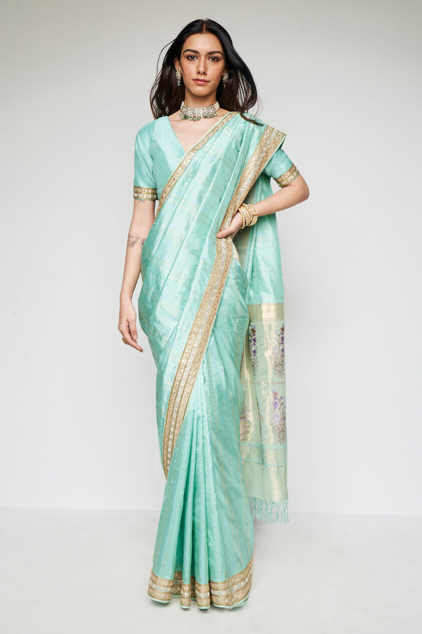 Mithila Benarasi Silk Embroidered Saree - Powder Blue, Powder Blue, image 1