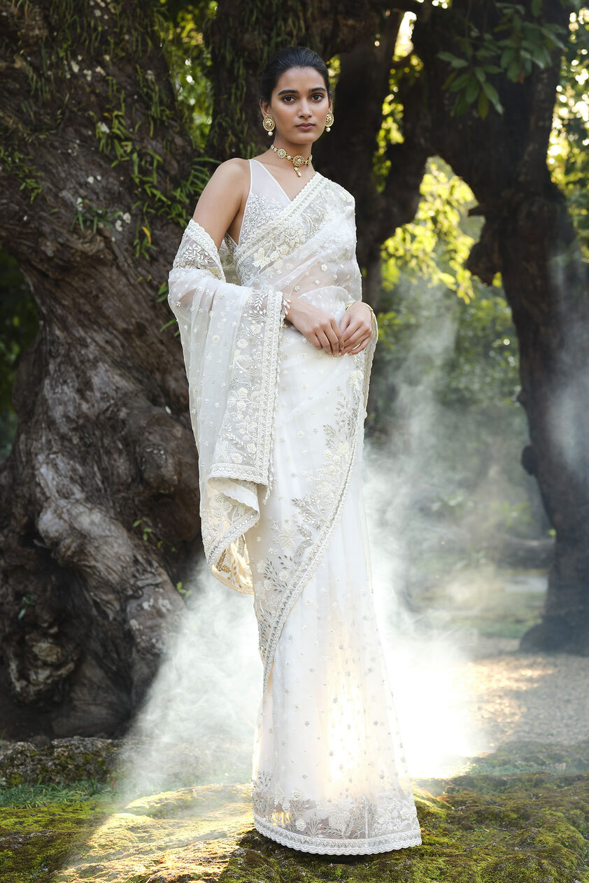 Waterway Embroidered Silk Saree - Ivory, Ivory, image 1