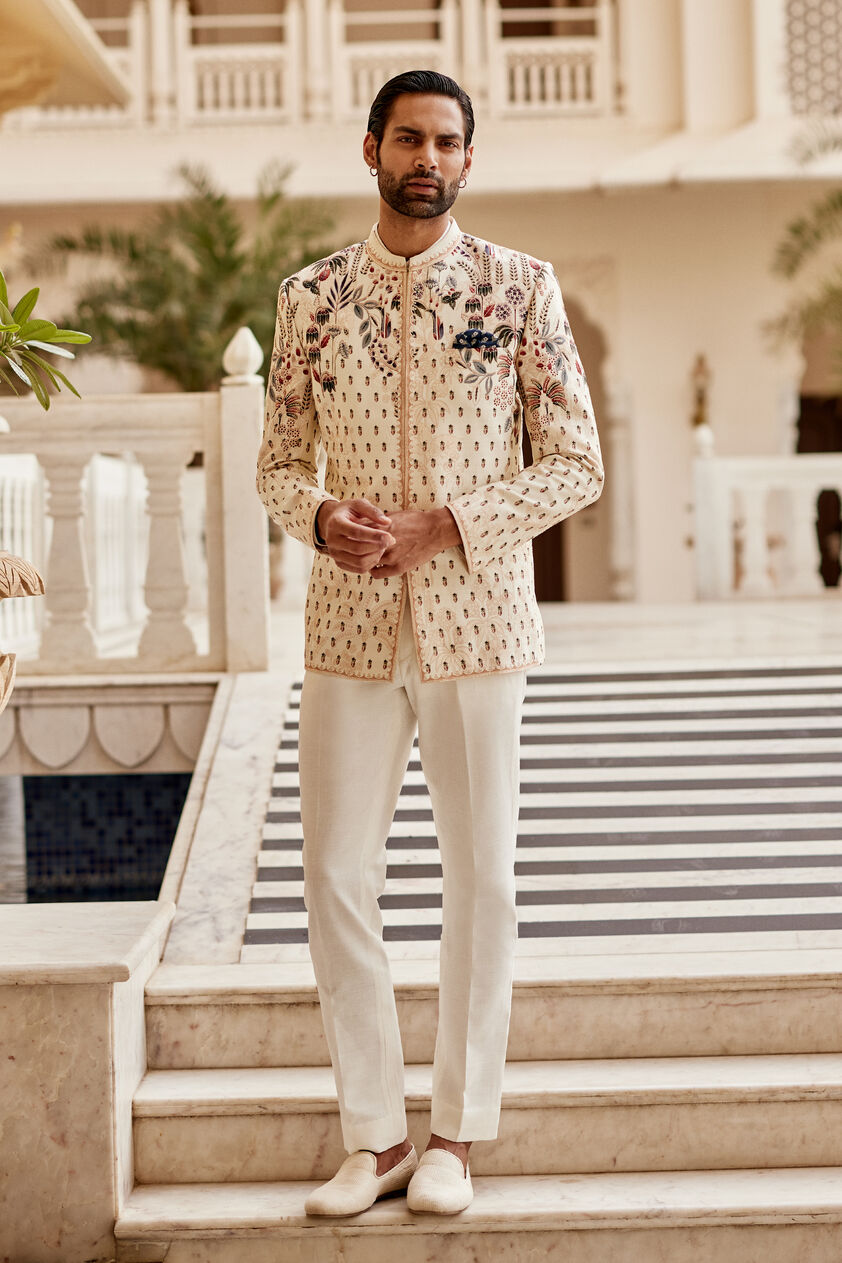 Raahil Silk Bandhgala - Ivory, Ivory, image 1