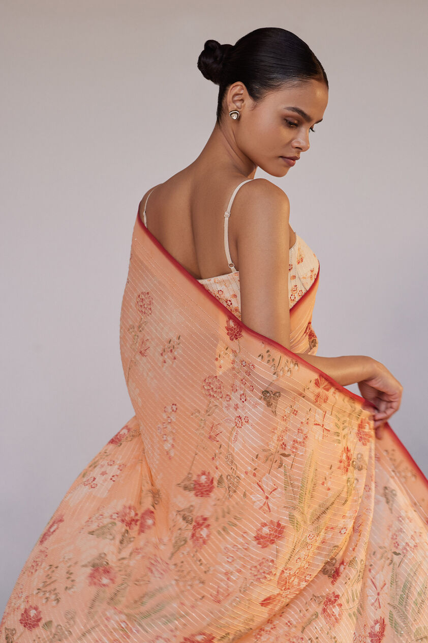 Calfuray Saree Set - Peach, Peach, image 6