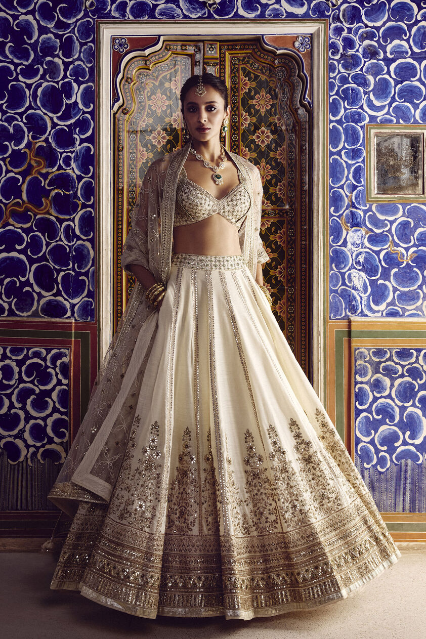 Nalika Gota Patti Silk Lehenga Set - Ivory, Ivory, image 1