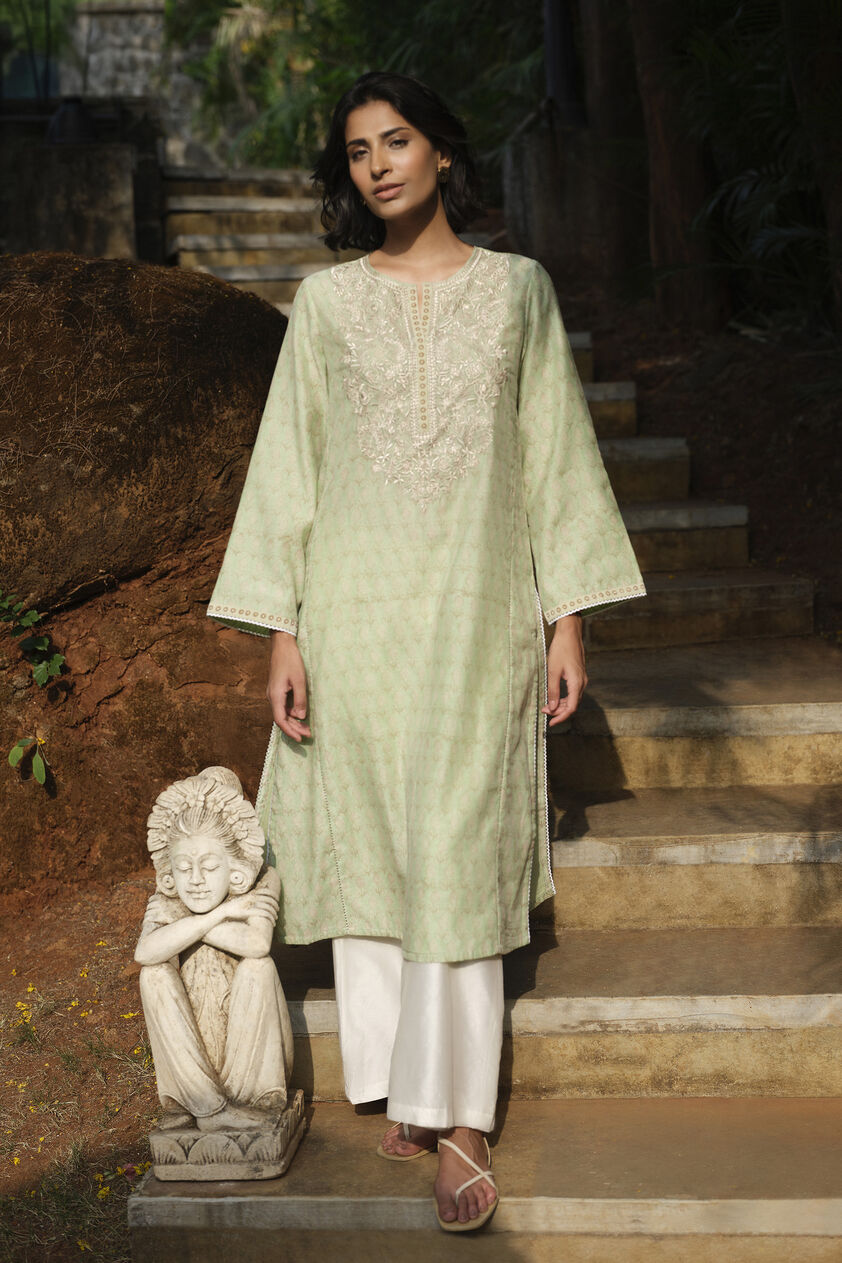 Janan Embroidered Mul Kurta - Sage, Sage, image 1