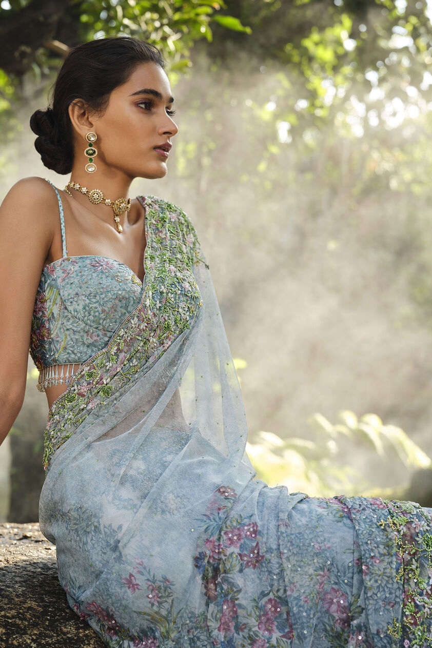 Blooming Meadows Embroidered Saree - Powder Blue, Powder Blue, image 4