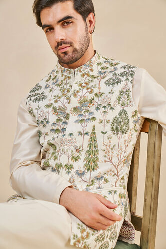 Nalesh Hand-painted Pichhwai Silk Nehru Jacket - Off White, Off White, image 7