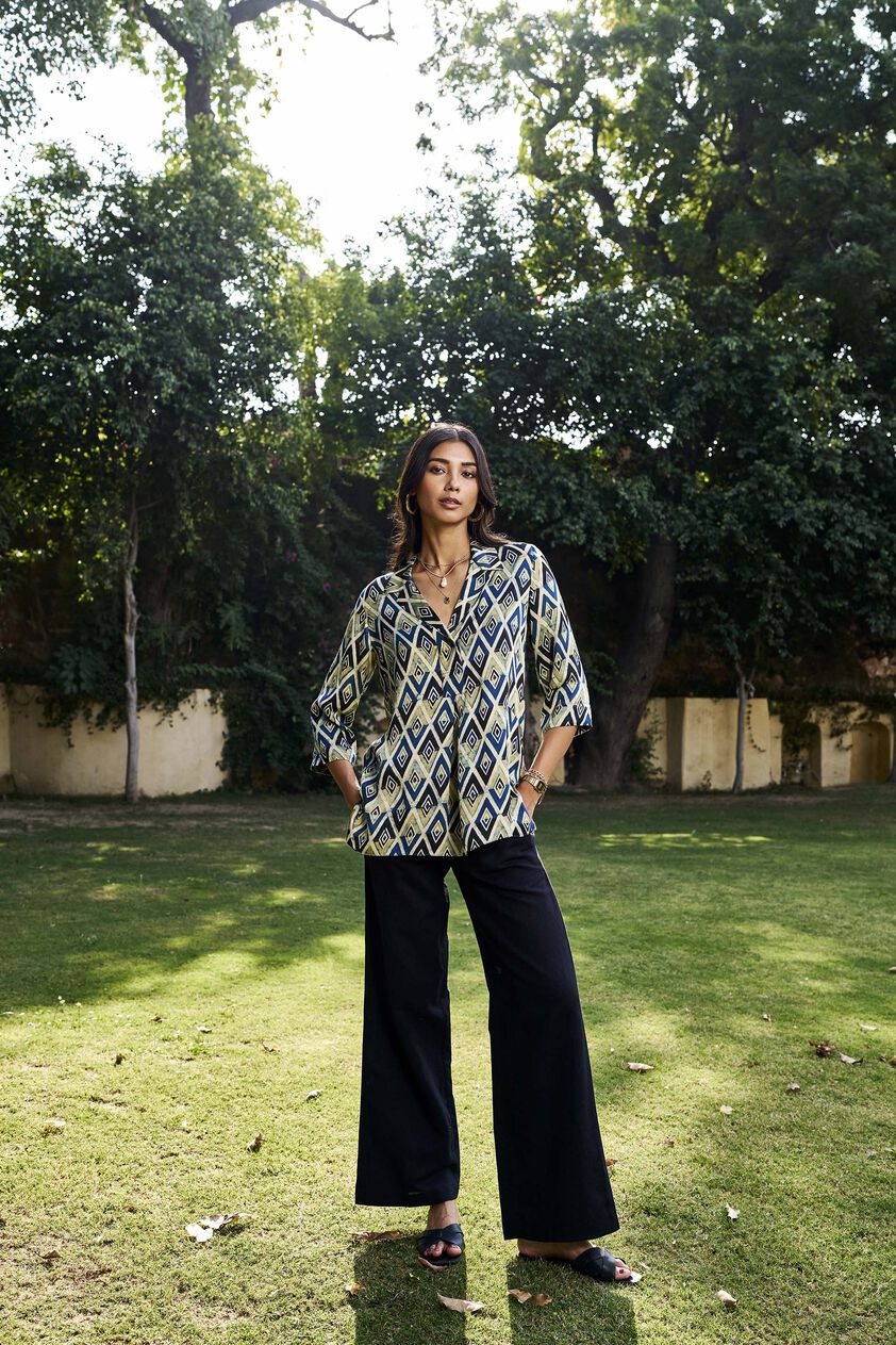 Fauna Ajrakh Hand-block Printed Top - Green, Print, image 1