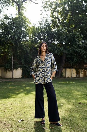 Fauna Ajrakh Hand-block Printed Top - Green, Print, image 1