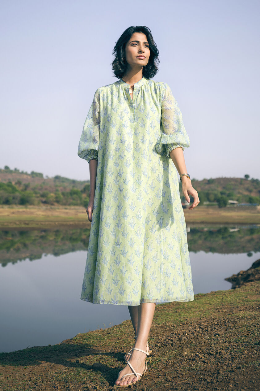 Treeline Hand-block Printed Mul Dress - Sage, Sage, image 1