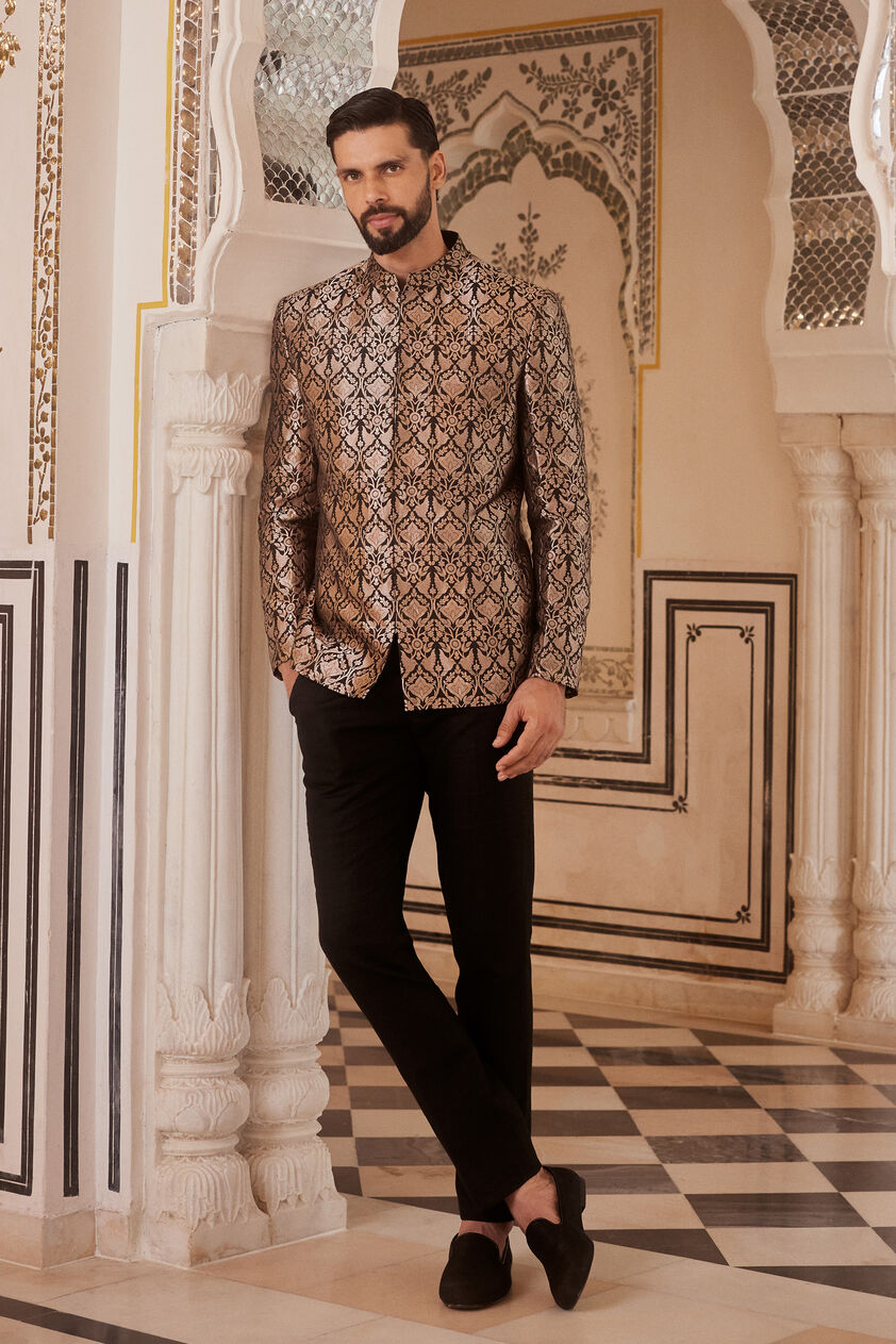 Swarank Handwoven Benarasi Silk Bandhgala - Black, Black, image 1