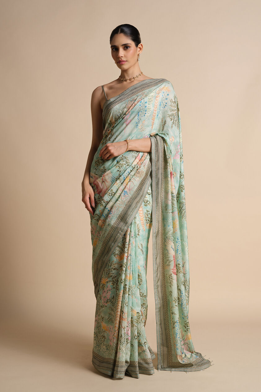 Romney Printed Saree - Sage, Sage, image 1