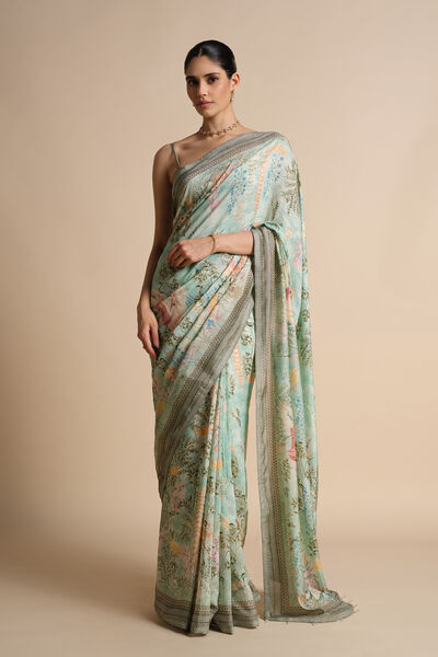 Romney Printed Saree - Sage