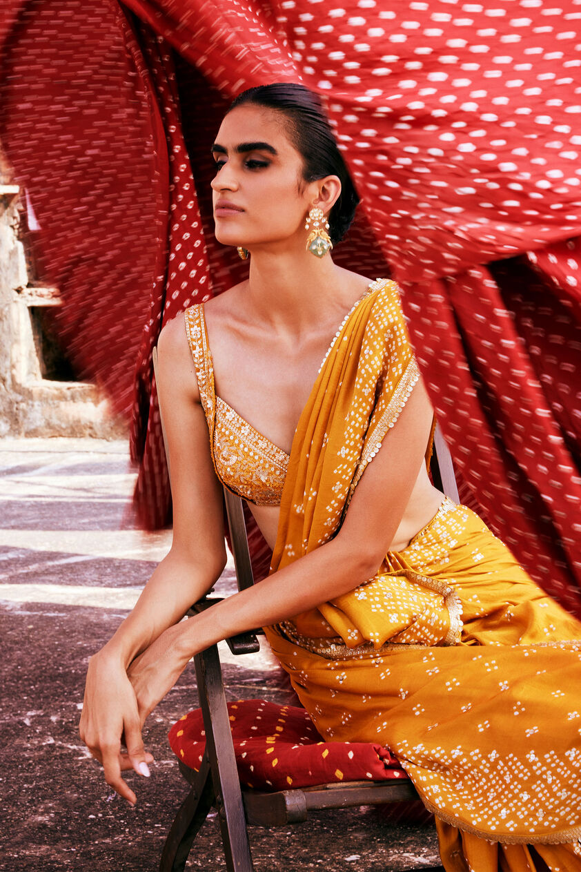 Bahi Handcrafted Bandhani Silk Saree, Mustard, image 3