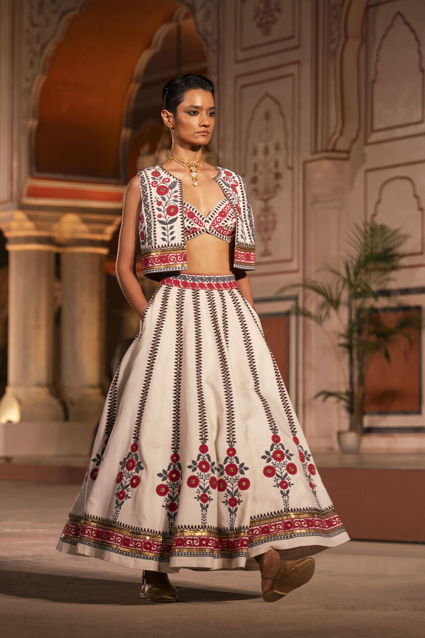 Flowers Of the Forest Embroidered Cord Silk Skirt Set - Cream, Cream, image 4