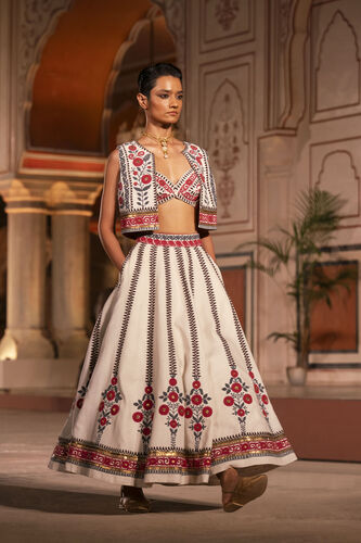 Flowers Of the Forest Embroidered Cord Silk Skirt Set - Cream, Cream, image 4