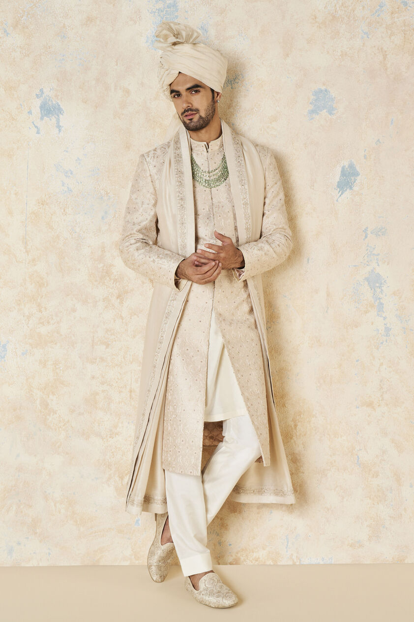 Aajay Zardozi & Aari Silk Sherwani - Ecru, Ecru, image 1