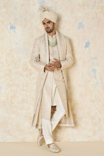 Aajay Zardozi & Aari Silk Sherwani - Ecru, Ecru, image 1