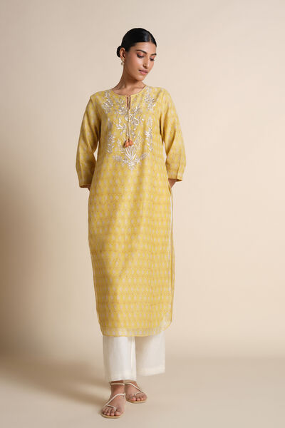 Ekara Embroidered Mul Kurta - Yellow