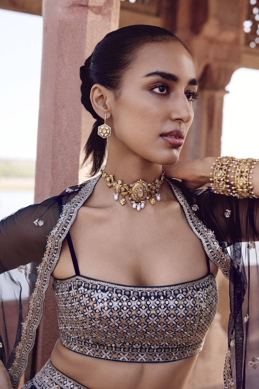 Triyama Embroidered Silk Lehenga Set - Blue, Blue, image 6