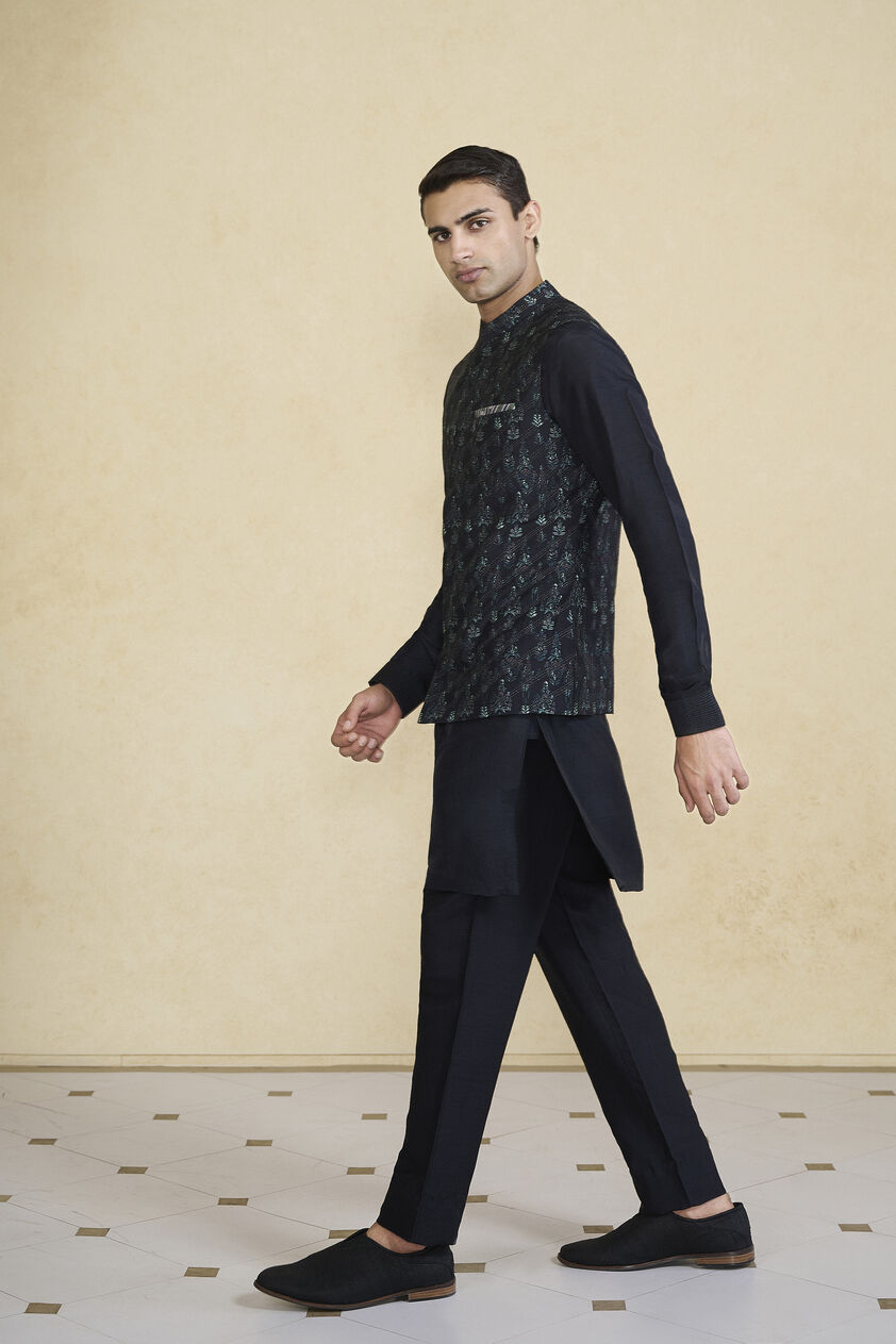 Edhas Embroidered & Printed Silk Nehru Jacket - Black, Black, image 3