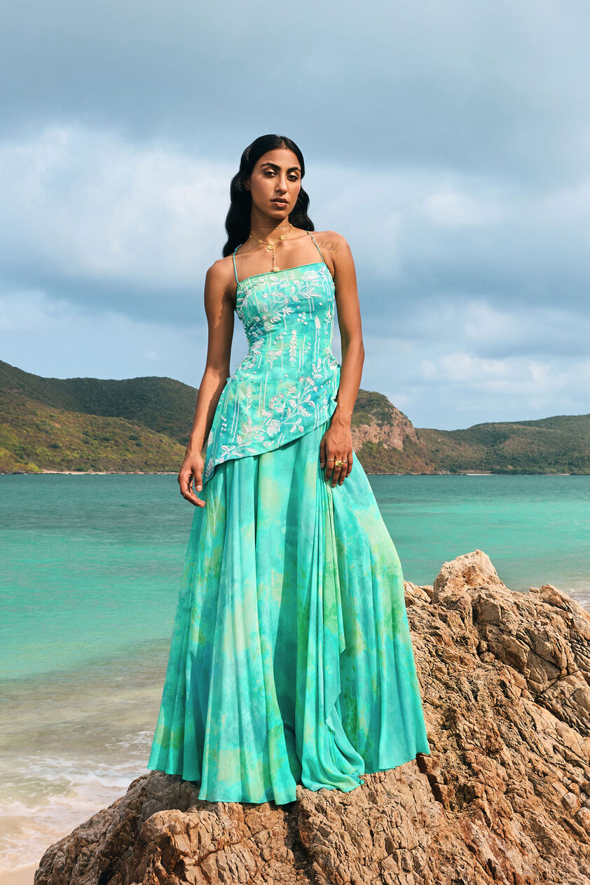 Cadenza Georgette Asymmetrical Skirt Set - Aqua, Aqua, image 4