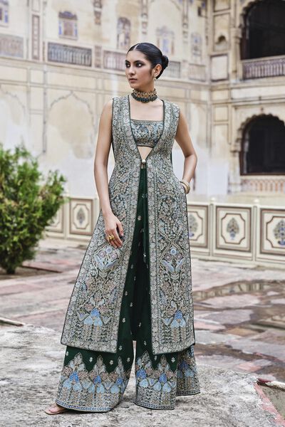 Alatakshi Embroidered Zardozi Tabard Set - Green
